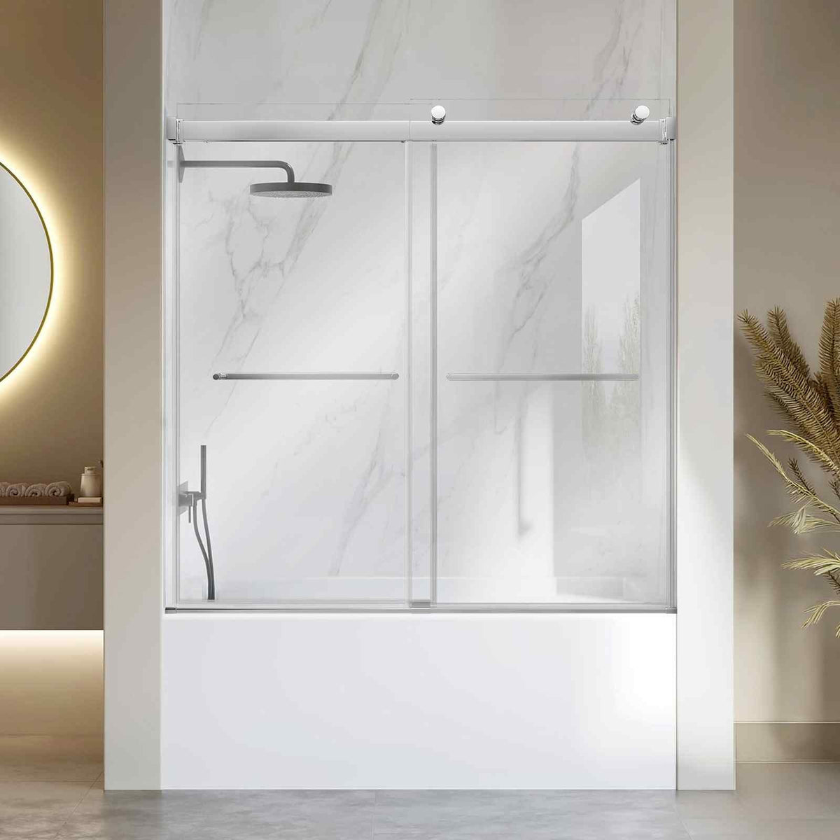 Bathtub Shower Door 60"W x 60"H Frameless Bypass Sliding Doors Silver, 5/16" Clear Tempered Glass, Double Sliding Tub Shower Doors with 2 Stainless Steel Handles, Nano Coating, for Bathroom Tubs