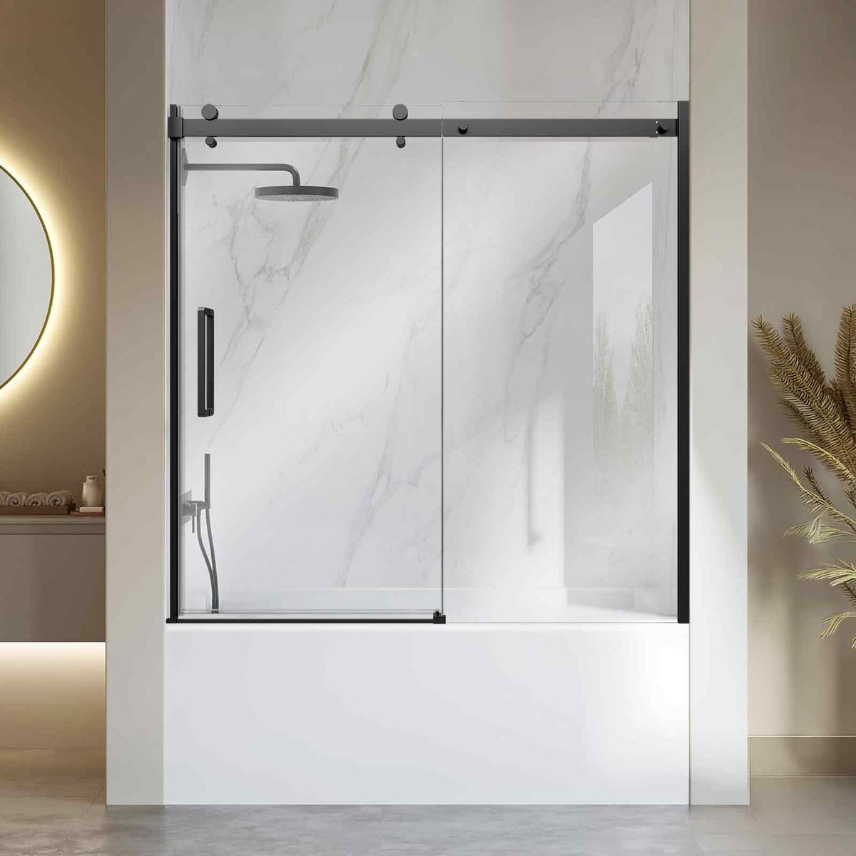Bathtub Shower Door 60" W x 60" H Semi-Frameless Sliding Door Black, 5/16" Thick Clear Tempered Glass, Sliding Tub Shower Door with 2 Stainless Steel Handles, Nano Coating, for Bathroom Tubs