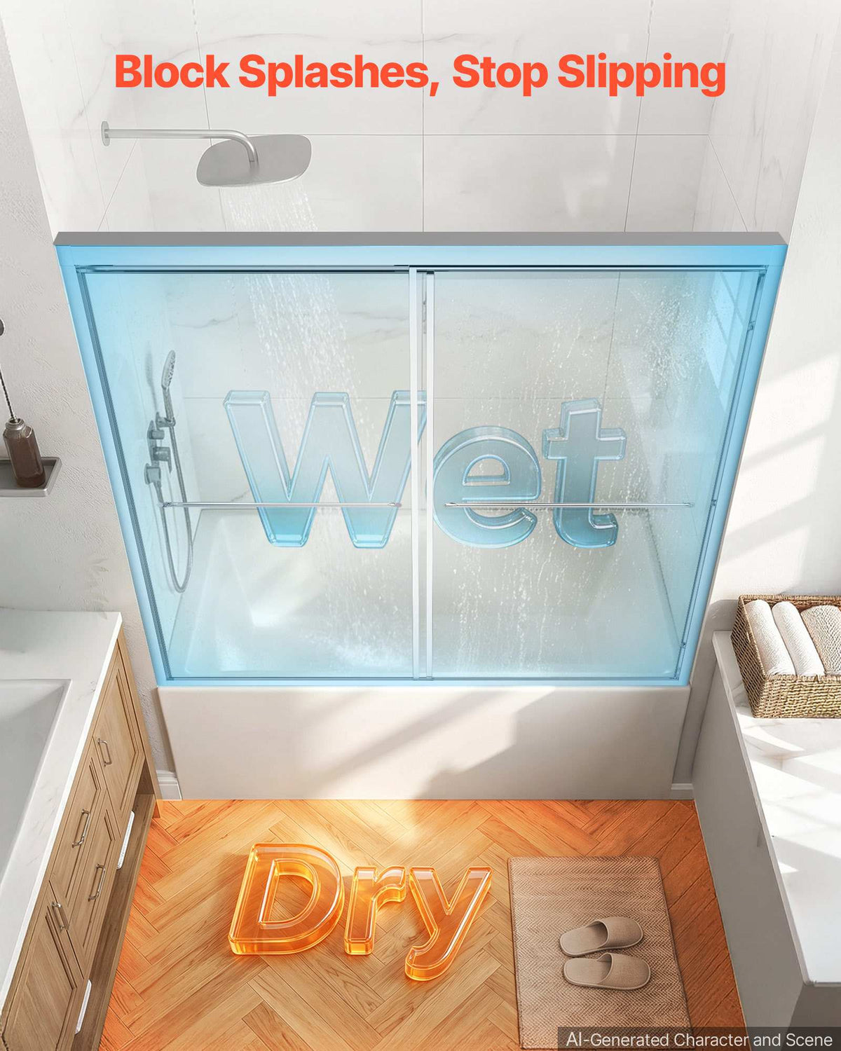 Bathtub Shower Door 60" W x 60" H Semi-Frameless Bypass Sliding Doors, 1/4" Clear Tempered Glass, Aluminum Slim Frame, Double Sliding Tub Shower Doors with 2 Stainless Steel Handles, Silver