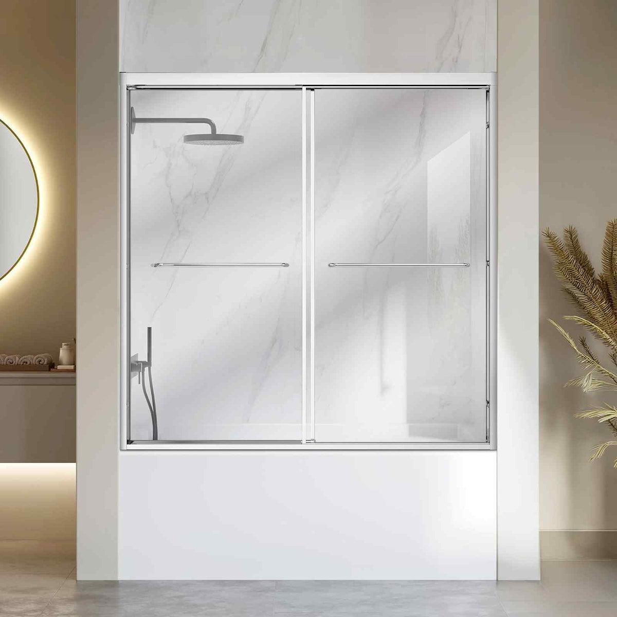 Bathtub Shower Door 60" W x 60" H Semi-Frameless Bypass Sliding Doors, 1/4" Clear Tempered Glass, Aluminum Slim Frame, Double Sliding Tub Shower Doors with 2 Stainless Steel Handles, Silver