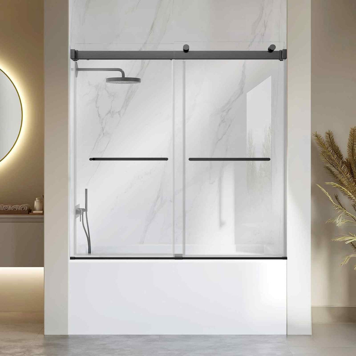 Bathtub Shower Door 60"W x 60"H Frameless Bypass Sliding Doors Black, 5/16" Clear Tempered Glass, Double Sliding Tub Shower Doors with 2 Stainless Steel Handles, Nano Coating, for Bathroom Tubs