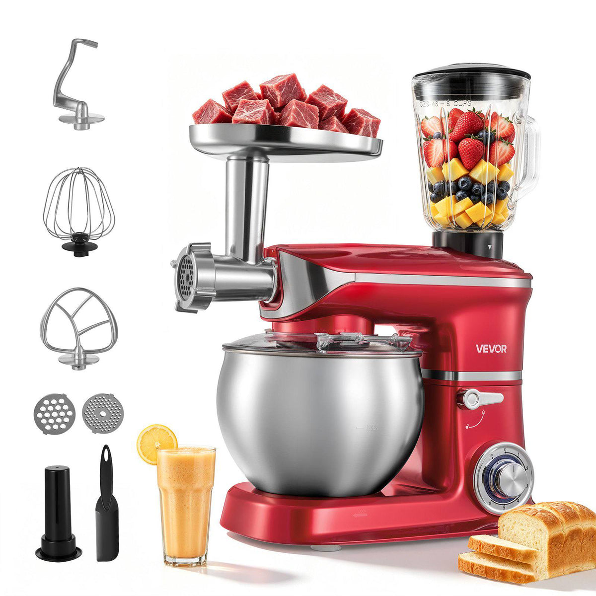 6.3 Qt 3-in-1 Tilt Head Stand Mixer 400W Electric Dough Mixer, Multifunctional Food Kitchen Mixer with Stainless Steel Bowl, Meat Grinder and Blender Attachments, Dough Hook, Whisk, Beater