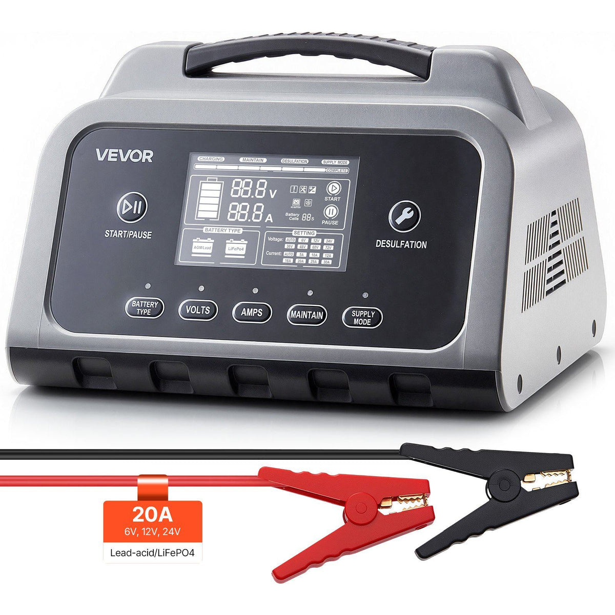 Smart Battery Charger, 20A, 6V 12V 24V Lithium LiFePO4 Lead-Acid (Gel/AGM) Car Battery Charger, with LCD Display, Trickle Charging Maintainer Desulfator, for Car, Boat, Motorcycle, Lawn Mowers