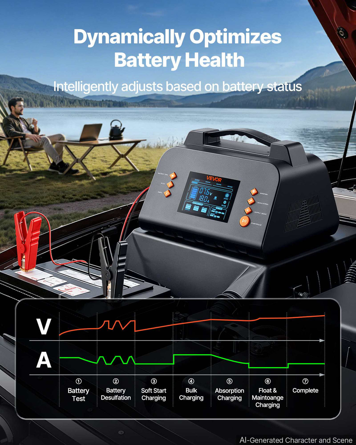 Smart Battery Charger 25A 6V 12V 24V for Lithium LiFePO4 Lead-Acid, Compatible with Cars Motorcycles Mid-Size RVs, Trickle Charging Maintainer Desulfator, Charger with 3.8 Inch LCD Display