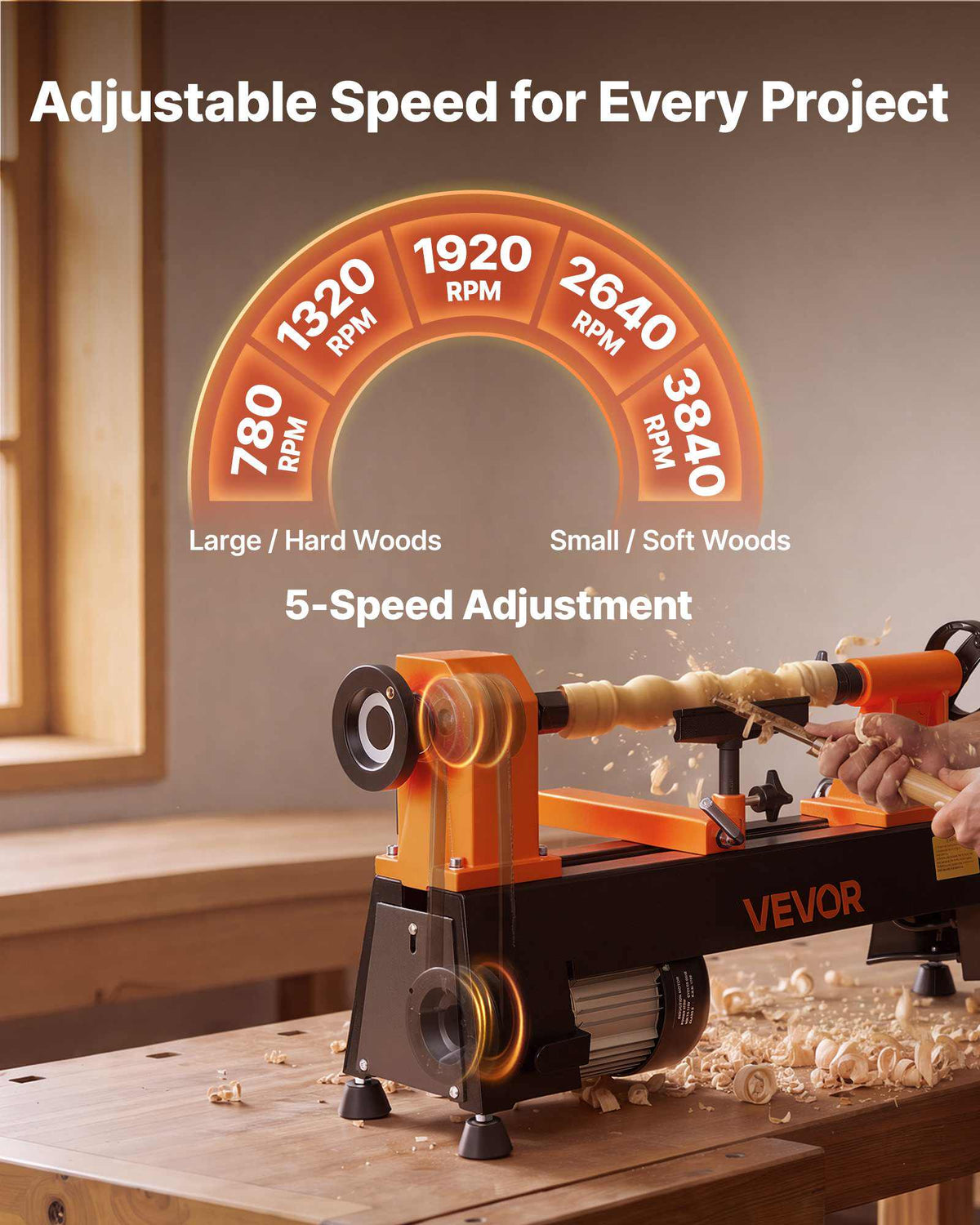 Wood Lathe 1/2 HP 10" x 18" Benchtop Wood Lathe Machine 5 Speeds, 780/1320/1920/2640/3840 RPM, with Tool Rest, Wrenches, Feet, Heavy Duty, for Beginners DIY Enthusiasts Woodworking, Woodturning