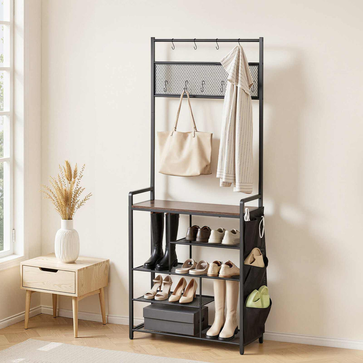 Hall Tree, 70.9 in Coat Rack with Shoe Storage, Freestanding 4-Tier Shoe Rack Organizer with Hooks, Side Pocket and Wire Shelf, Steel Frame Entrance Coat Holder for Entryway, Bedroom, Closet
