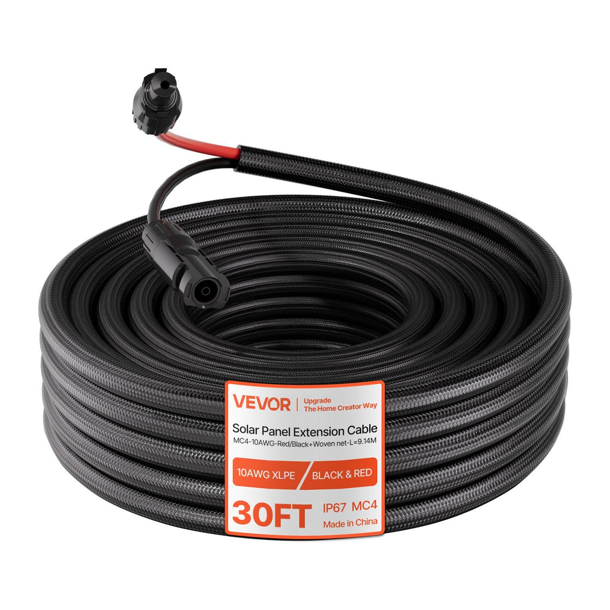 30FT Solar Panel Extension Cable, 10 AWG, Solar Panel Wire with Flame Retardant Protective Sleeving, Female and Male Connectors, IP67 Waterproof PV Wire, for Outdoor Automotive RV, Black & Red