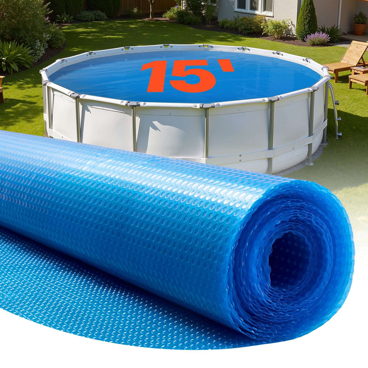 Solar Pool Cover, 15 ft Round Pool Bubble Cover, 12 Mil Pools Solar Blanket with Bubble & PE Material, Daytime Heat Absorption, Nighttime Heat Retention, Heat Retaining Solars Covers, Blue