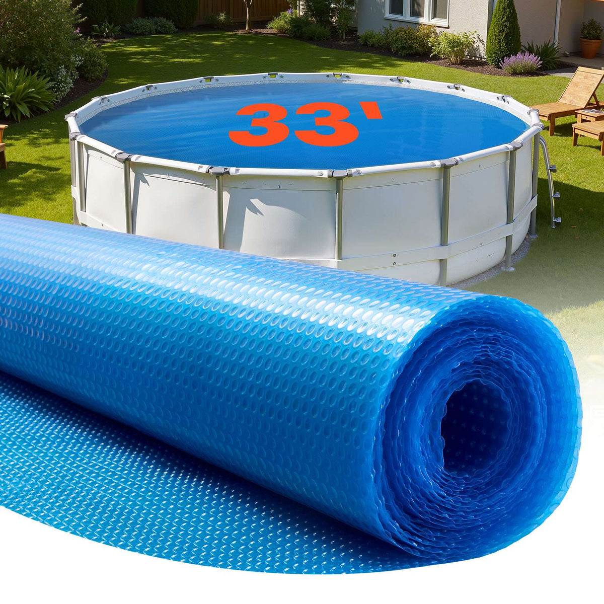 Solar Pool Cover, 33 ft Round Pool Bubble Cover, 8 Mil Pools Solar Blanket with Bubble & PE Material, Daytime Heat Absorption, Nighttime Heat Retention, Heat Retaining Solars Covers, Blue