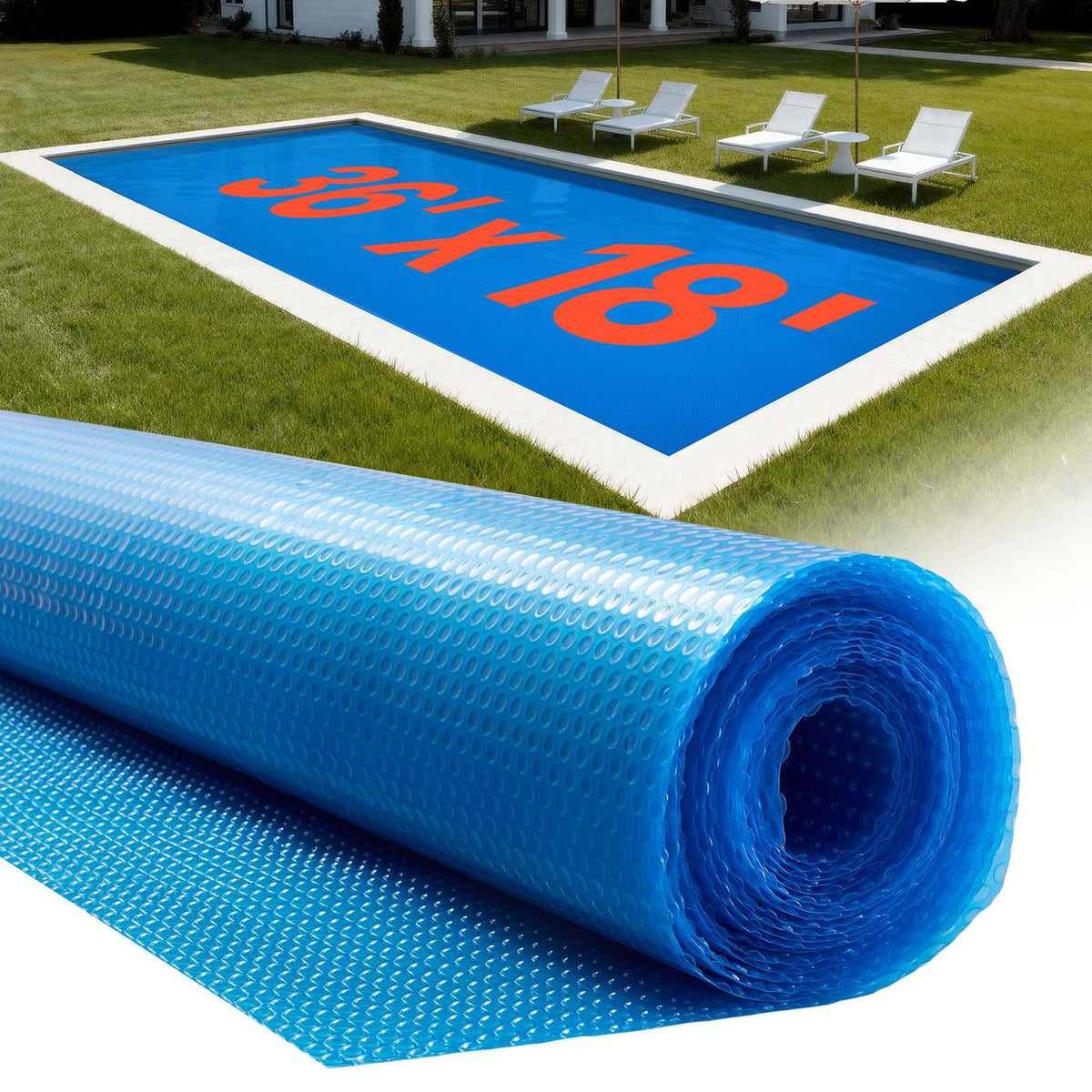 Solar Pool Cover, 36 x 18 ft Rectangle Pool Bubble Cover, 8 Mil Pools Solar Blanket with Bubble & PE Material, Daytime Heat Absorption, Nighttime Heat Retention, Heat Retaining Solars Covers, Blue