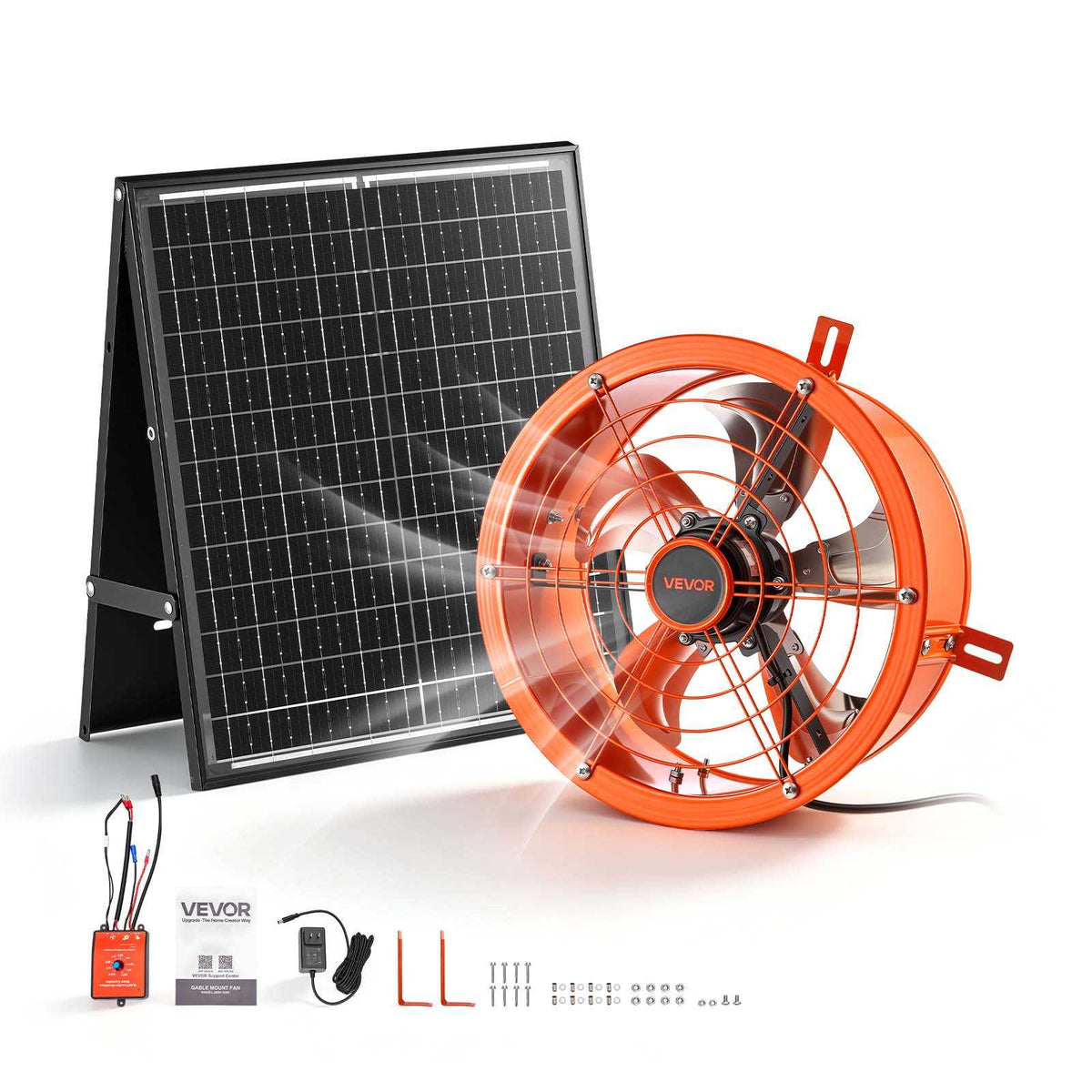 Gable Mount Fan, 12 inch Solar Attic Vent Exhaust Fan Carbon Steel, 900 CFM Cooling and Ventilation for Roof, Greenhouse, Garage, Shop, Small Spaces, with Thermostat and Power Adapter, Orange