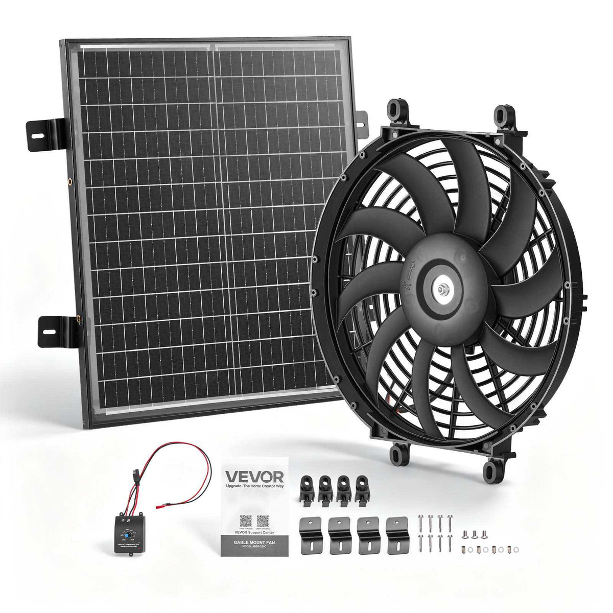 Gable Mount Fan, 12 inch Solar-Powered Attic Vent Exhaust Fan Black, 1300 CFM Cooling & Ventilation for Roof, Greenhouse, Garage, Shop, with Thermostat & Mounting Brackets, Lightweight PP