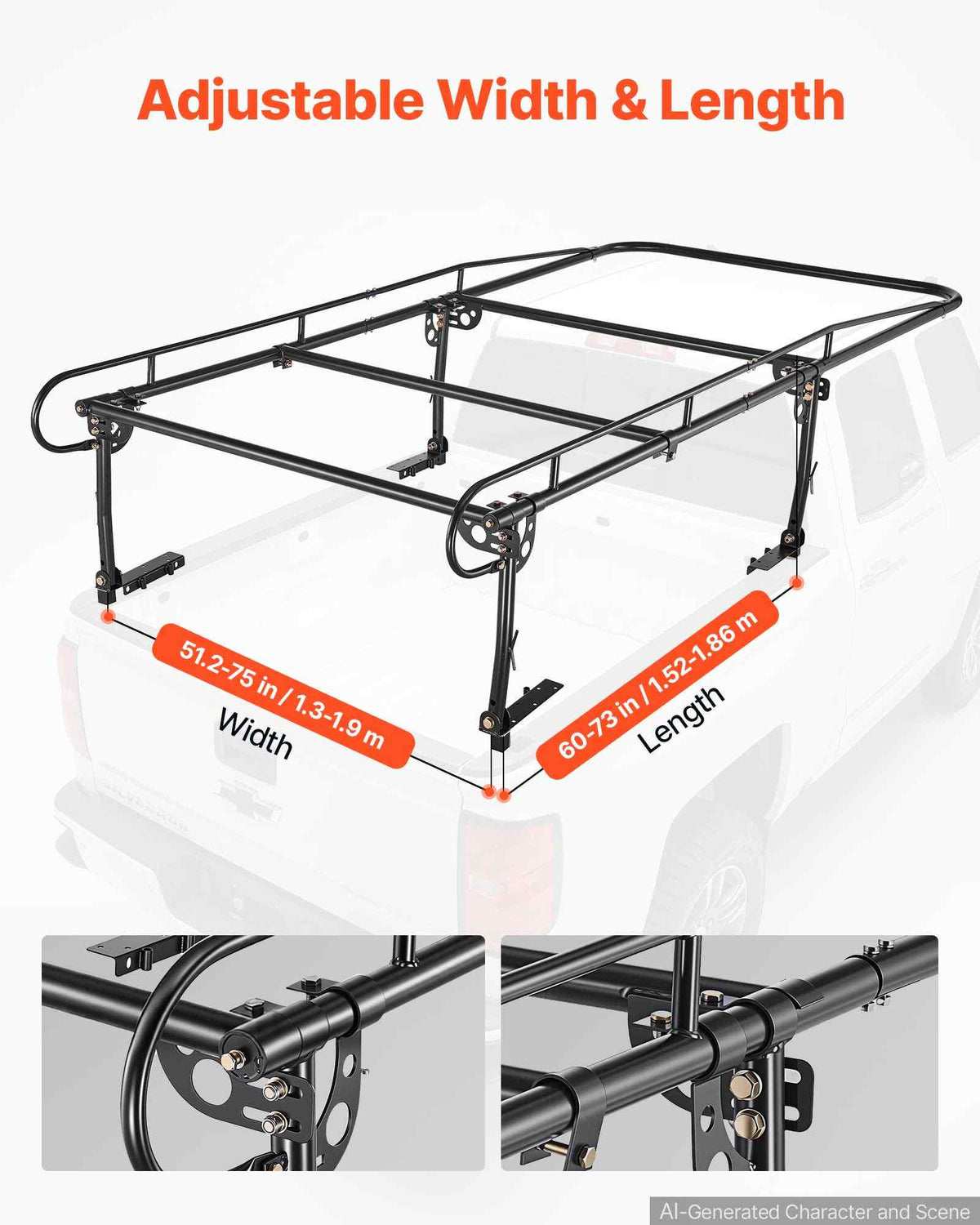 Truck Ladder Rack 1500LBS Capacity Universal Over-Cab Trucks Bed Rack, 51.2"-75" Adjustable for Kayak Surfboard Lumber, Non-Drilling Installation, Heavy Duty Steel Support for Long Heavy Cargo