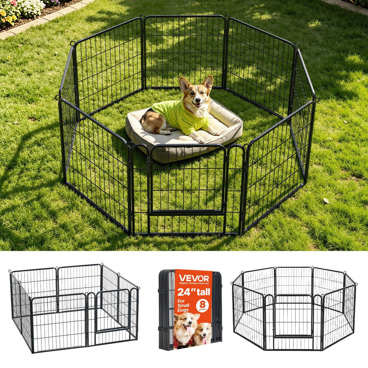 Dog Playpen 24 Inch 8 Panels Foldable Metal Exercise Pen Pet Fence, Indoor/Outdoor Heavy Duty Puppy Crate Kennel with Door for Dogs, Cats or Small Animals, Portable for RV Camping, Yard, Black