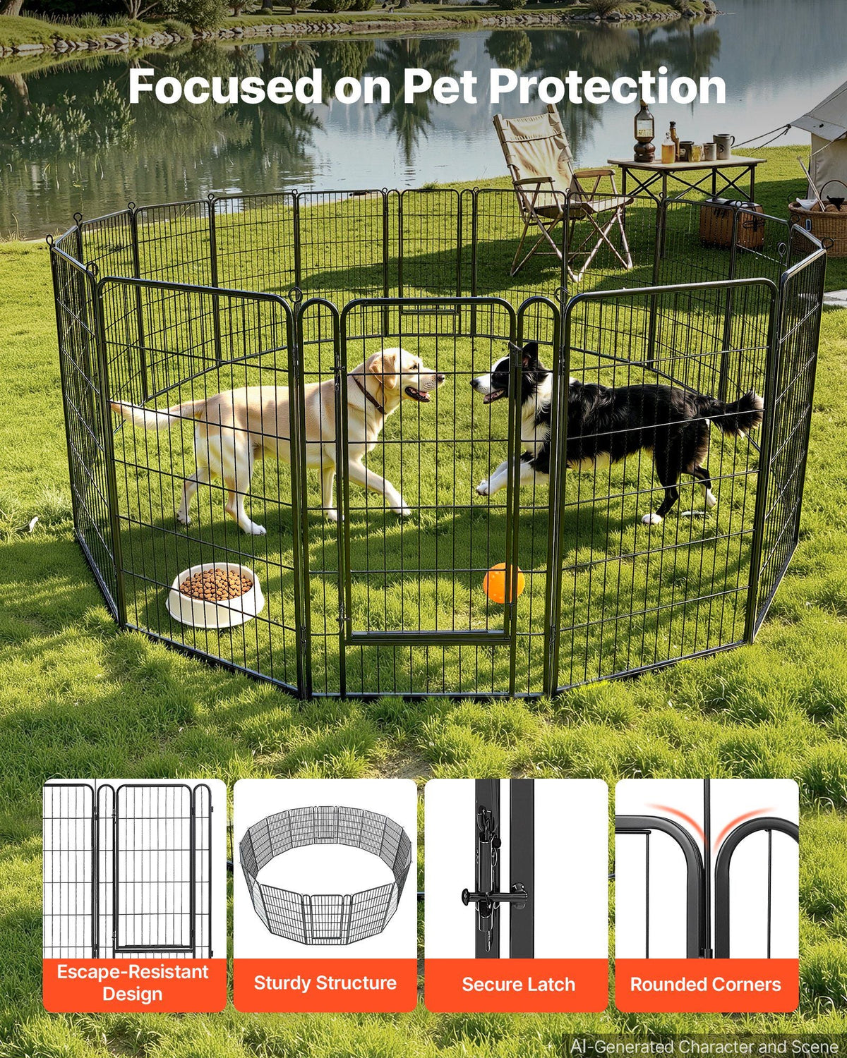 Dog Playpen 40 Inch 16 Panels Foldable Metal Exercise Pen Pet Fence, Indoor/Outdoor Heavy Duty Puppy Crate Kennel with Door for Large/Small Dogs and Cats, Portable for RV Camping, Yard, Black