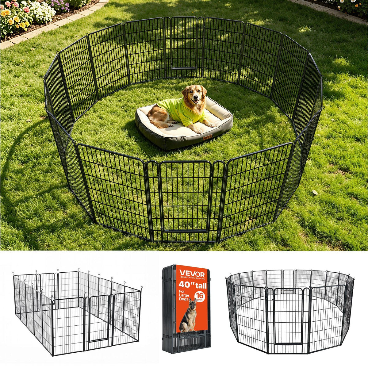Dog Playpen 40 Inch 16 Panels Foldable Metal Exercise Pen Pet Fence, Indoor/Outdoor Heavy Duty Puppy Crate Kennel with Door for Large/Small Dogs and Cats, Portable for RV Camping, Yard, Black