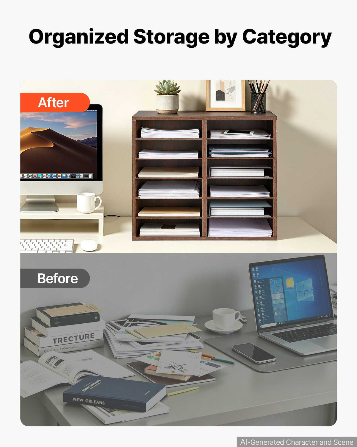 Wood Literature Organizer 12 Compartments Office Mailboxes Brown, Countertop Literature Sorter for Files Documents Papers, with Adjustable Shelves, for Office, Home, Classroom Organization