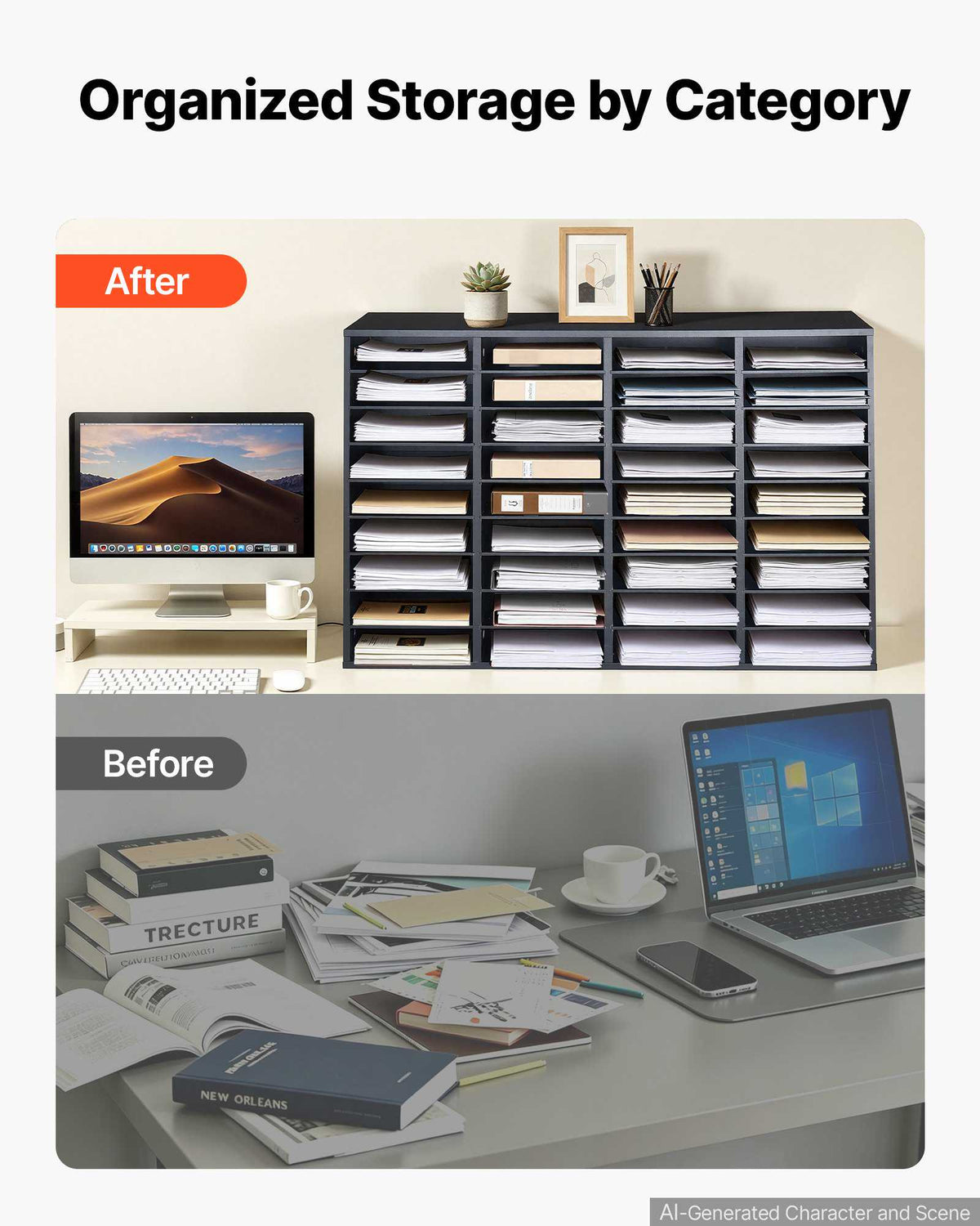 Wood Literature Organizer 36 Compartments Office Mailboxes Black, Countertop Literature Sorter for Files Documents Papers, with Adjustable Shelves, for Office, Home, Classroom Organization