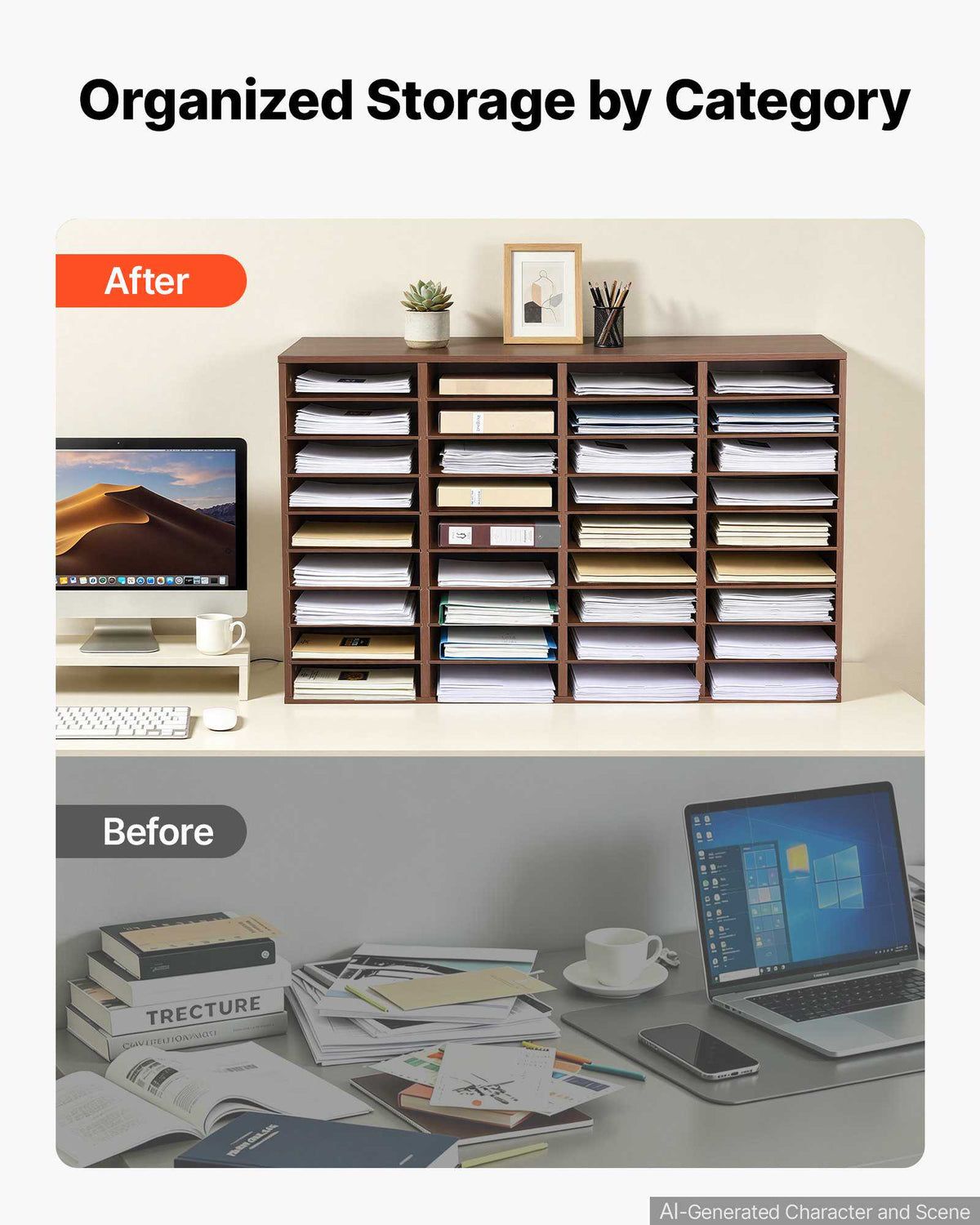 Wood Literature Organizer 36 Compartments Office Mailboxes Brown, Countertop Literature Sorter for Files Documents Papers, with Adjustable Shelves, for Office, Home, Classroom Organization