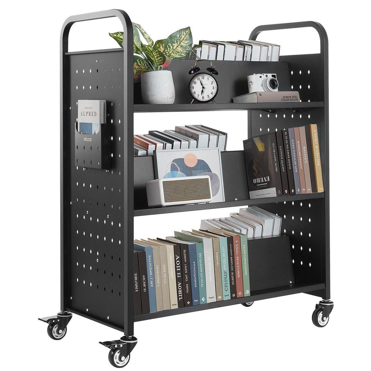 Rolling Library Book Cart, 330 lbs Capacity, 38.2 x 20.3 x 48.2-Inch Library Cart, Double Sided W-Shaped Shelves with 3-Inch Lockable Wheels, Book Truck for Home Shelves Office and School, Black