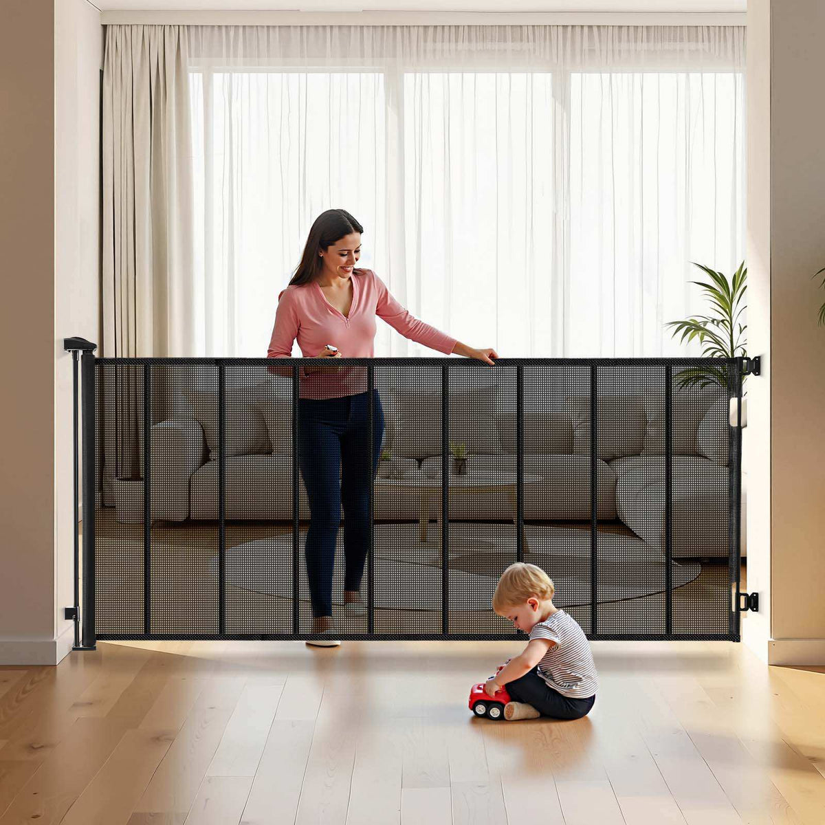 Retractable Baby Gate, Extends to 202.7 inch Extra Wide, 39 inch Tall, with Reinforced Fiberglass Strips, Avoids Crawling Through, Mesh Dog Gate for Decks, Doorways, Garages, Indoor, Black