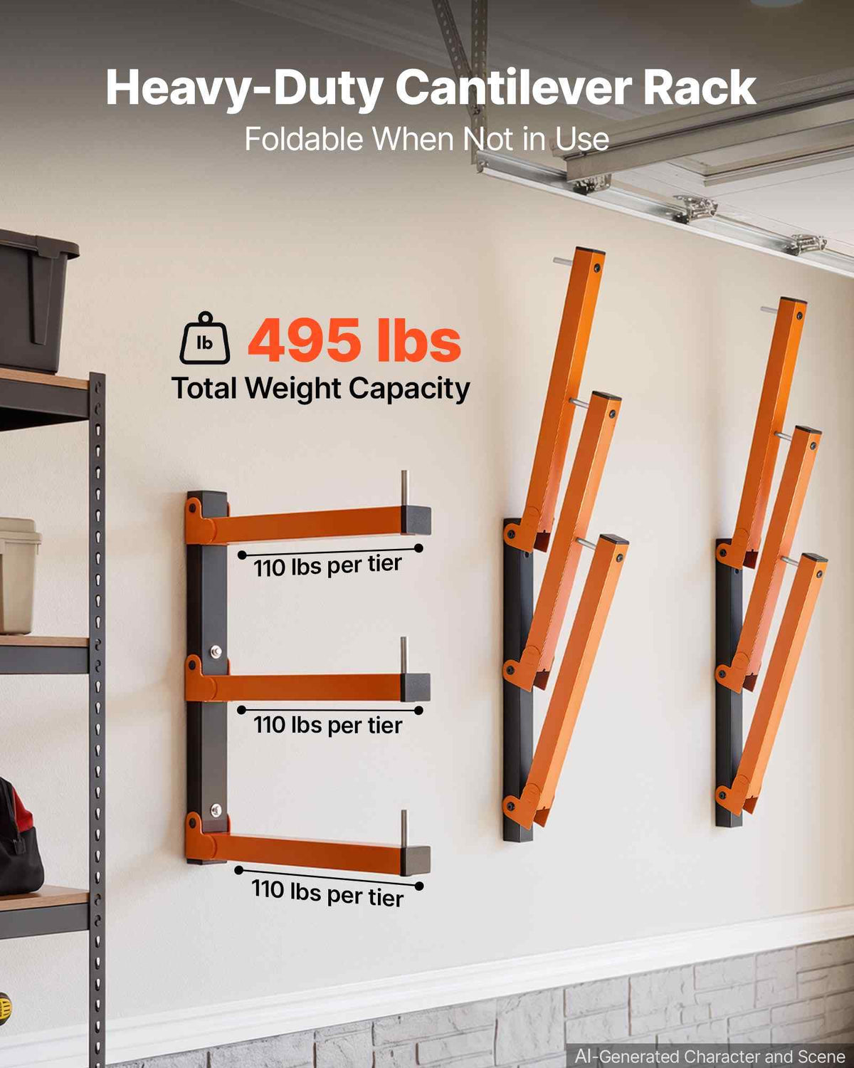 Lumber Rack, 3-Tier 3-Pack 110 lbs per Tier, Foldable Wood Storage, Wall-mounted for Garages, Workshops, Warehouse, Basement, Heavy-Duty Cantilever Arms, Locking Pins, Steel, Orange & Black