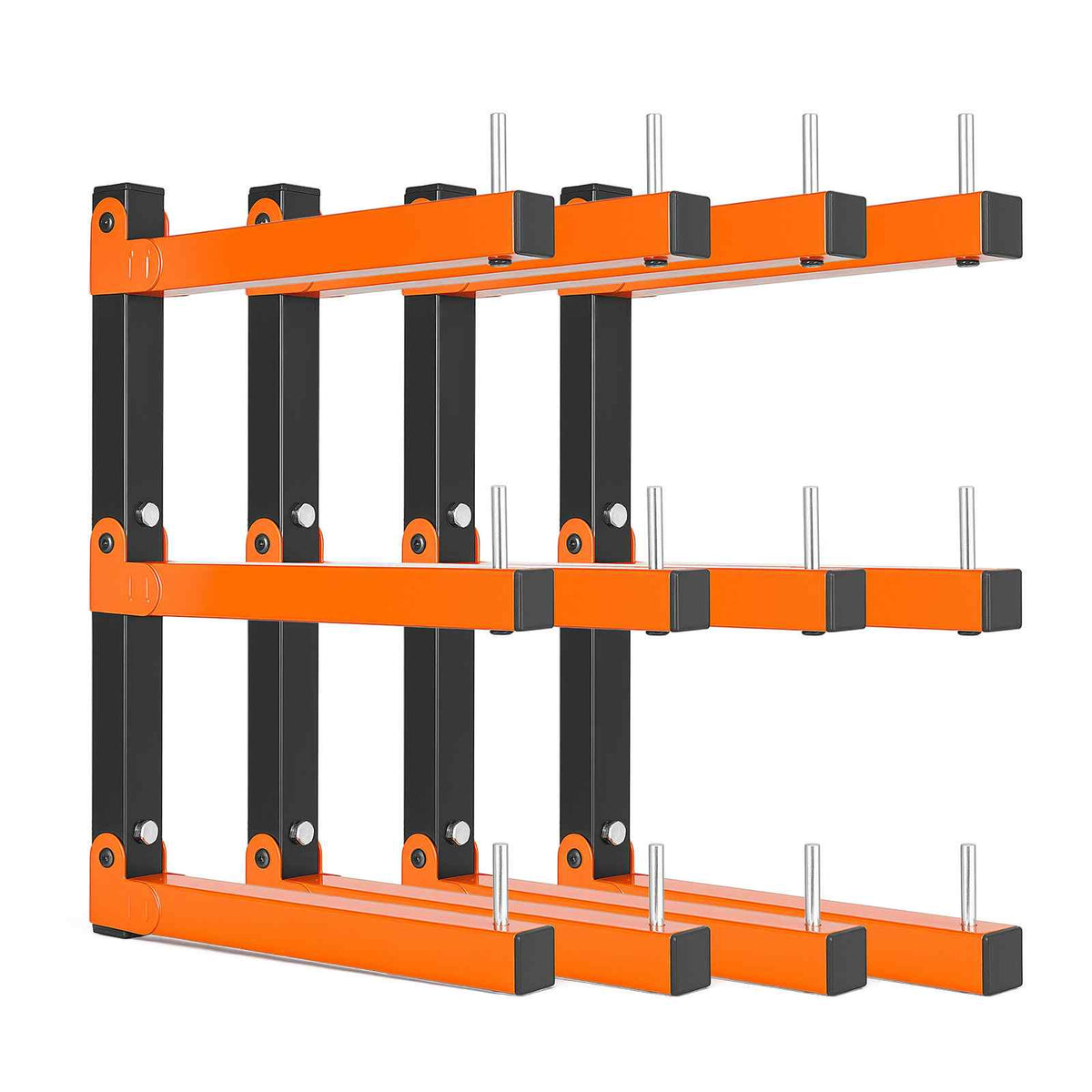 Lumber Rack, 3-Tier 4-Pack 110 lbs per Tier, Foldable Wood Storage, Wall-mounted for Garages, Workshops, Warehouse, Basement, Heavy-Duty Cantilever Arms, Locking Pins, Steel, Orange & Black