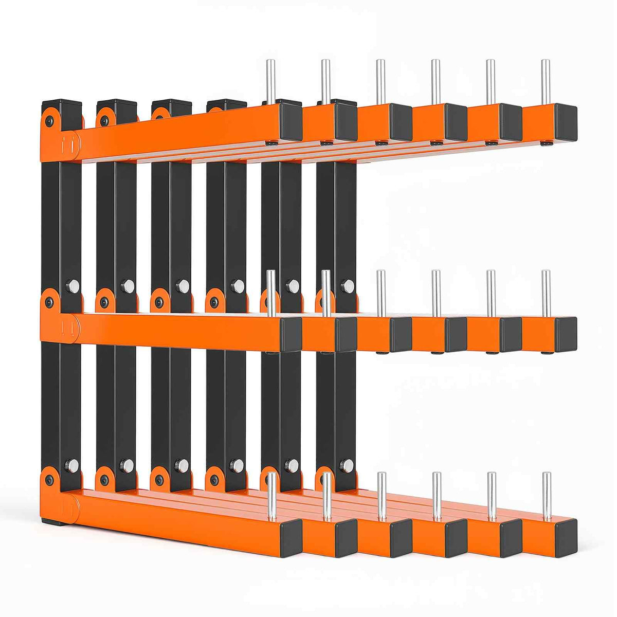 Lumber Rack, 3-Tier 6-Pack 110 lbs per Tier, Foldable Wood Storage, Wall-mounted for Garages, Workshops, Warehouse, Basement, Heavy-Duty Cantilever Arms, Locking Pins, Steel, Orange & Black