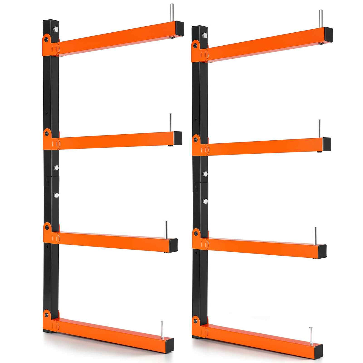 Lumber Rack, 4-Tier 2-Pack 110 lbs per Tier, Foldable Wood Storage, Wall-mounted for Garages, Workshops, Warehouse, Heavy-Duty Cantilever Arms, 3-Level Adjustment, Steel, Orange & Black