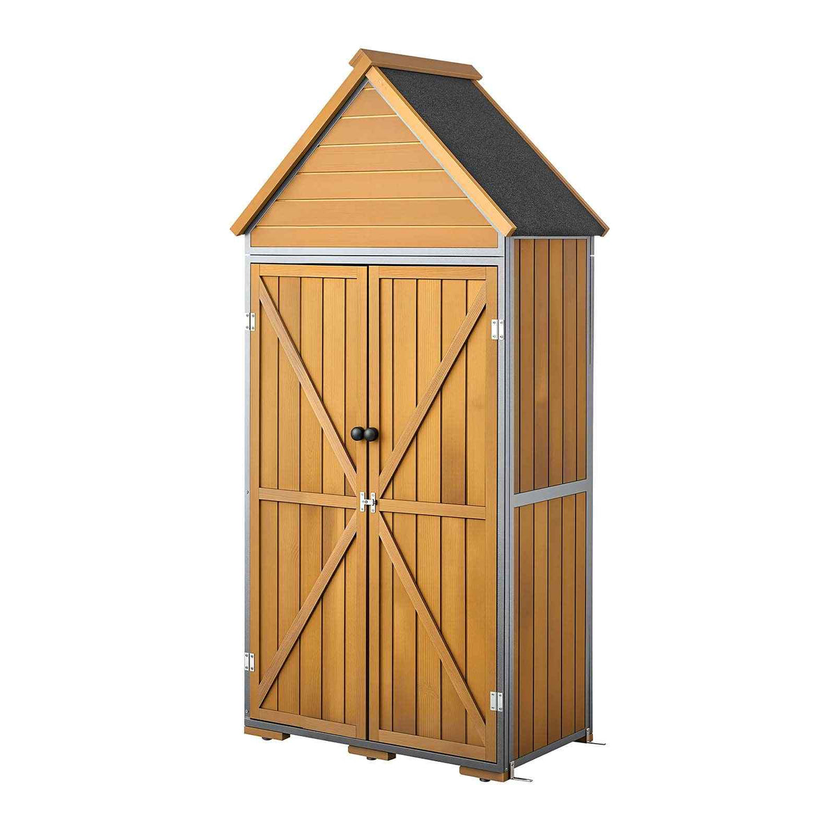 Outdoor Storage Shed, 29.9" x 66.93" Wood & Metal Garden Tool Shed with Lockable Doors & Sloped Roof, Waterproof Outside Storage Cabinet with Shelves & Floor for Backyard Patio Lawn, Brown
