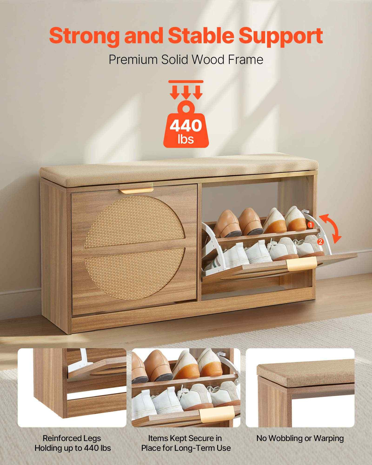 Entryway Shoe Storage Bench 38.9" Wide 2-Tier Shoe Bench Rattan-Like, with 2 Flip Drawers, 440 lbs Load Capacity Storage Rack with Padded Seat Cushion, for Hallway, Living Room, and Bedroom