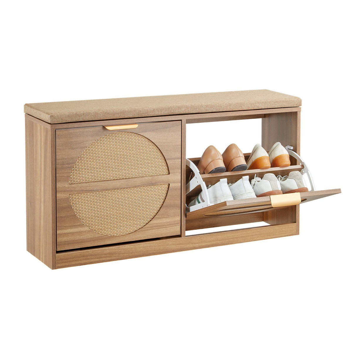 Entryway Shoe Storage Bench 38.9" Wide 2-Tier Shoe Bench Rattan-Like, with 2 Flip Drawers, 440 lbs Load Capacity Storage Rack with Padded Seat Cushion, for Hallway, Living Room, and Bedroom
