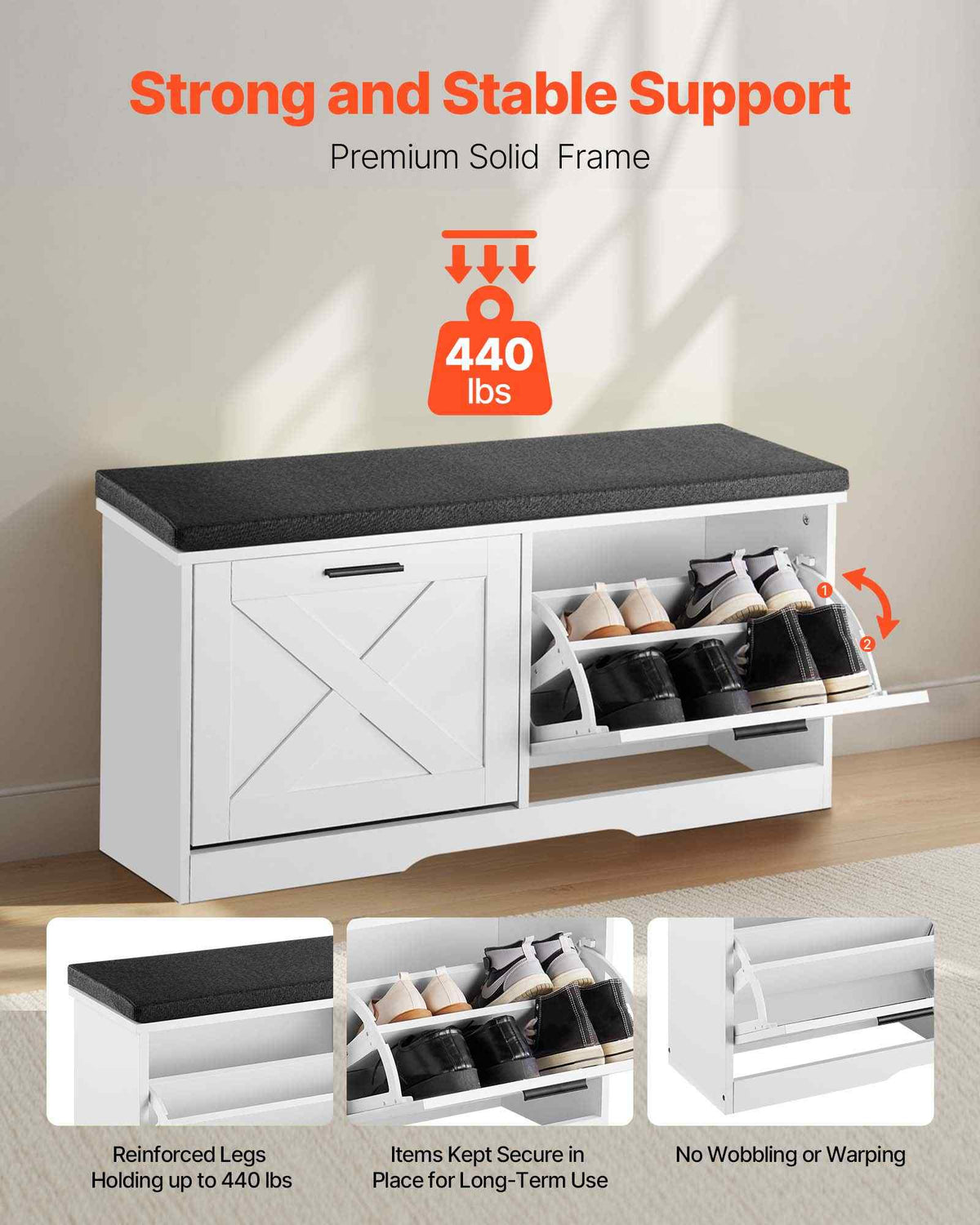 Entryway Shoe Storage Bench 39.4" Wide 2-Tier Shoe Bench Black White, with 2 Flip Drawers, 440 lbs Load Capacity Storage Rack with Padded Seat Cushion, for Hallway, Living Room, and Bedroom