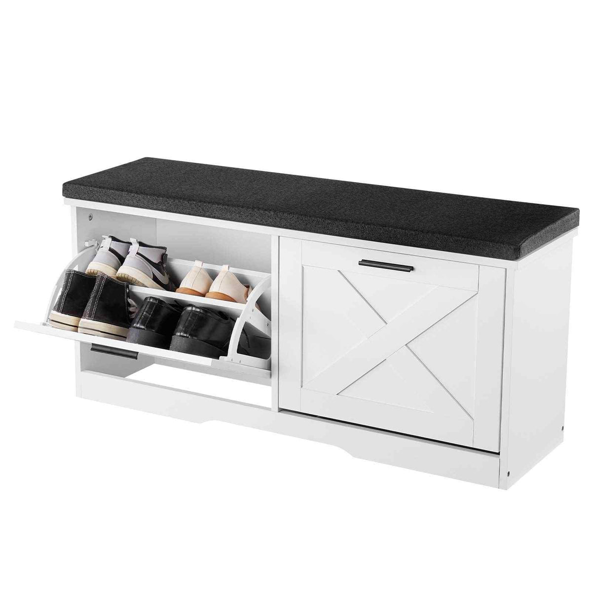 Entryway Shoe Storage Bench 39.4" Wide 2-Tier Shoe Bench Black White, with 2 Flip Drawers, 440 lbs Load Capacity Storage Rack with Padded Seat Cushion, for Hallway, Living Room, and Bedroom