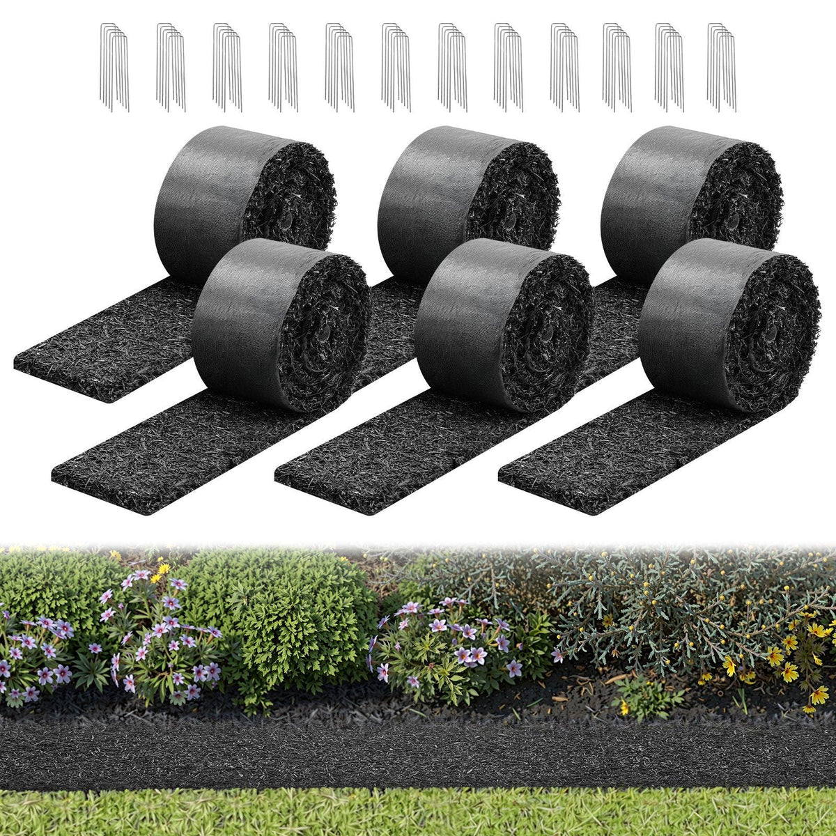 Rubber Mulch Mat Roll, 6 Rolls 120 x 4.5 in, Recycled Rubber Permanent Mulch Edging Border, Natural-Looking Flower Barrier with Stakes, 0.5 in Thick Cuttable Garden Edgings for Landscaping