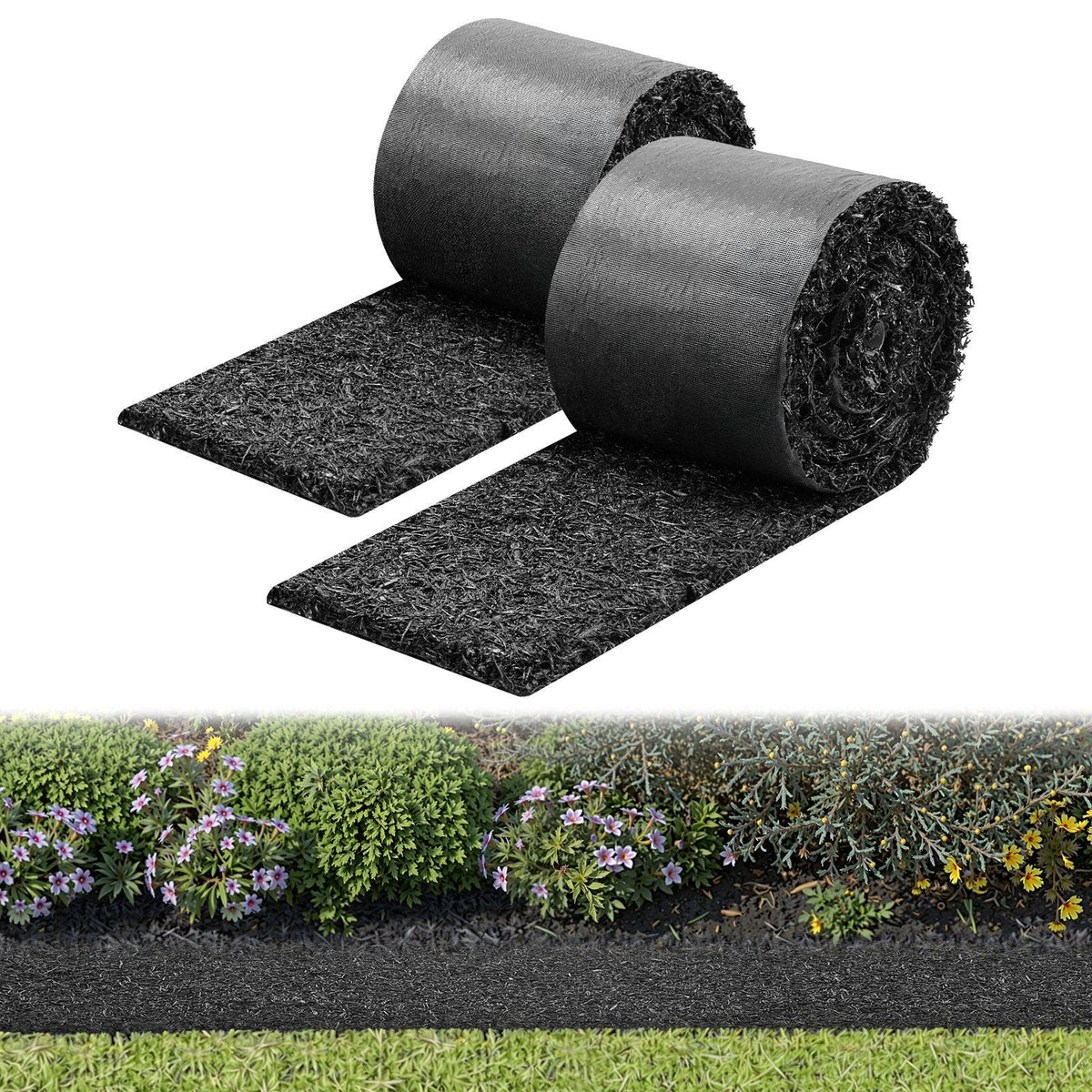 Rubber Mulch Mat Roll, 2 Rolls 140 x 4.5 in, Recycled Rubber Permanent Mulch Edging Border, Natural-Looking Flower Barrier with Stakes, 0.5 in Thick Cuttable Garden Edgings for Landscaping