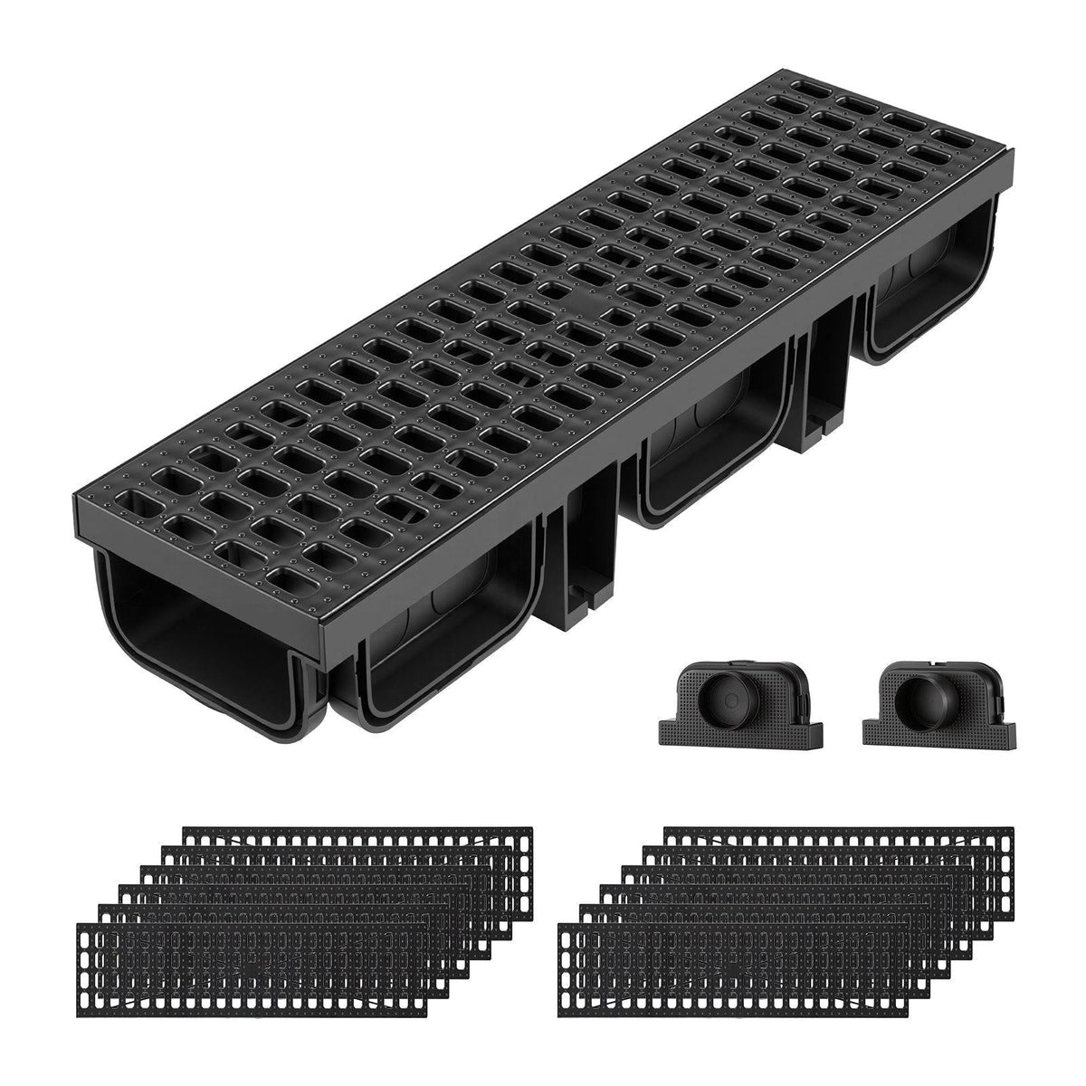 Trench Drain, 20.1 x 5.5 x 3.5 in, 12 Pack Linear Drainage Channel, HDPE Channel Drain with Grates & End Caps, Premium Outdoor Drainage System for Driveway, Patio, Pool, Garden, Yard, Black