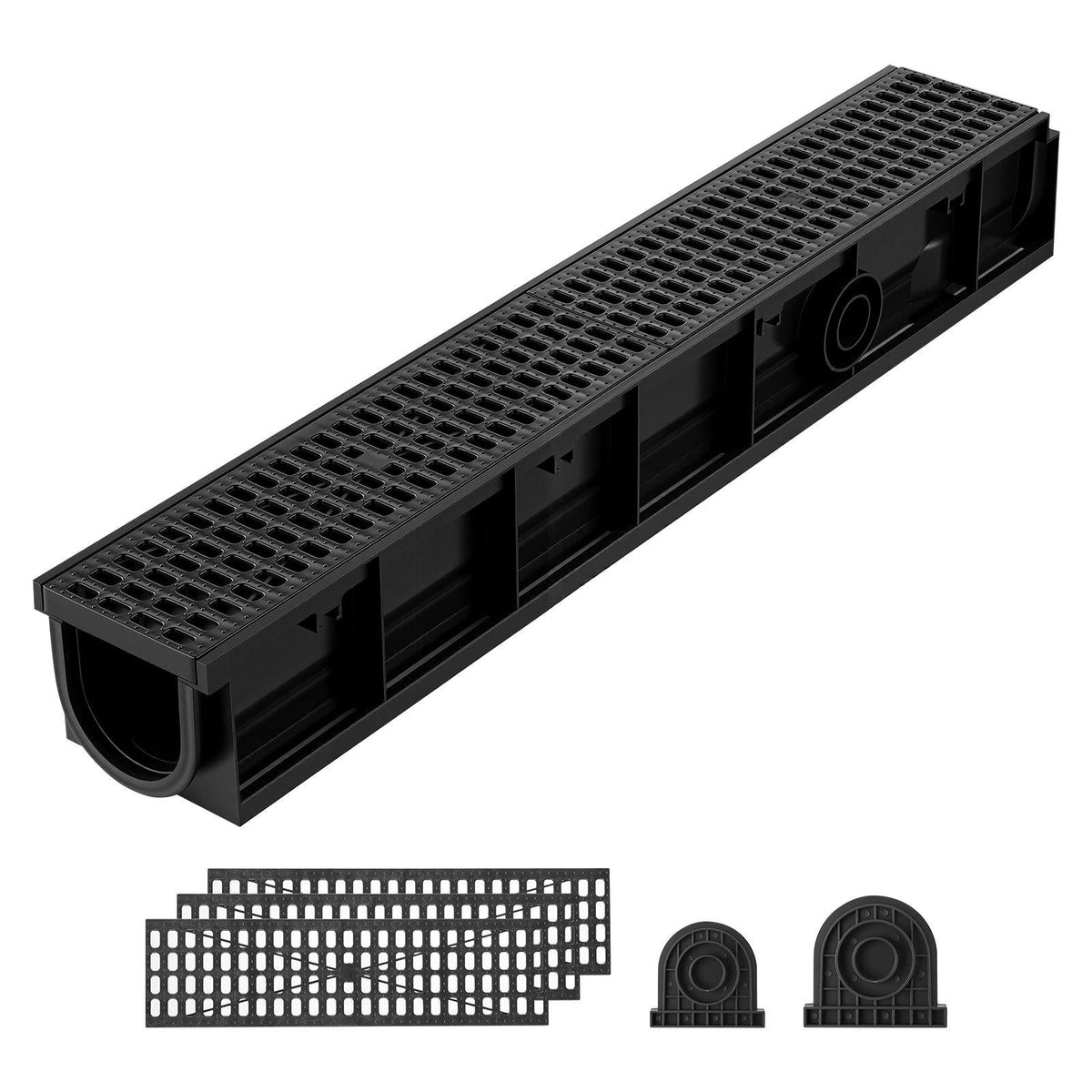 Trench Drain, 40.2 x 6.6 x 5.5 in, 6 Pack Linear Drainage Channel, HDPE Channel Drain with Grates & End Caps, Premium Outdoor Drainage System for Driveway, Patio, Pool, Garden, Yard, Black