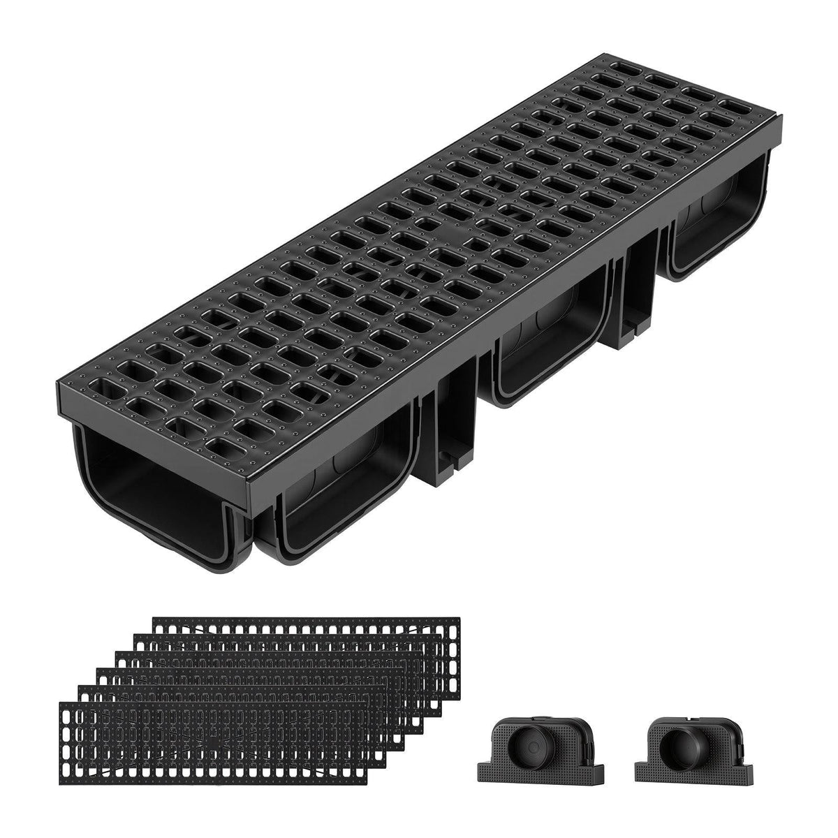 Trench Drain, 20.1 x 5.5 x 3.5 in, 6 Pack Linear Drainage Channel, HDPE Channel Drain with Grates & End Caps, Premium Outdoor Drainage System for Driveway, Patio, Pool, Garden, Yard, Black
