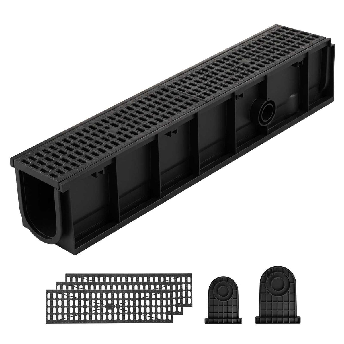 Trench Drain, 40.1 x 6.1 x 8.0 in, 4 Pack Linear Drainage Channel, HDPE Channel Drain with Grates & End Caps, Premium Outdoor Drainage System for Driveway, Patio, Pool, Garden, Yard, Black