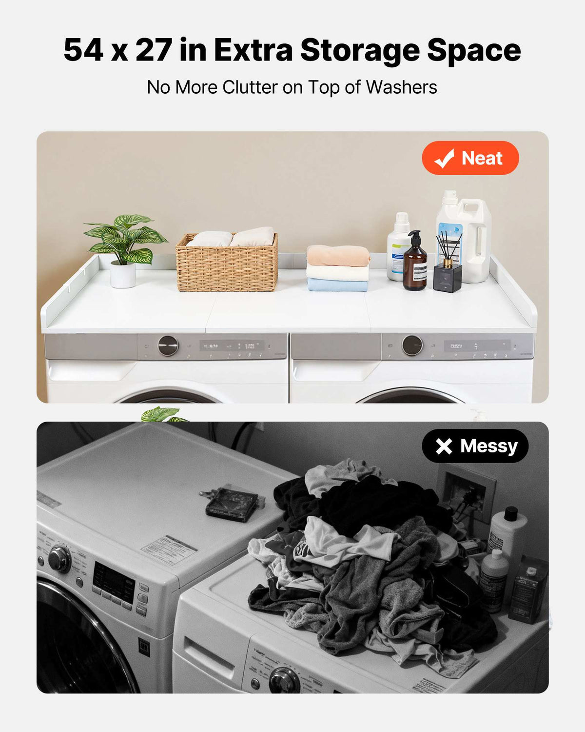 Washer Dryer Countertop, 54 x 27.5 in Wooden Washer and Dryer Topper with Edge & 2 Hooks, Water-Resistant Laundry Machine Topper for Laundry Closet Pantry Counter Organization and Storage, White