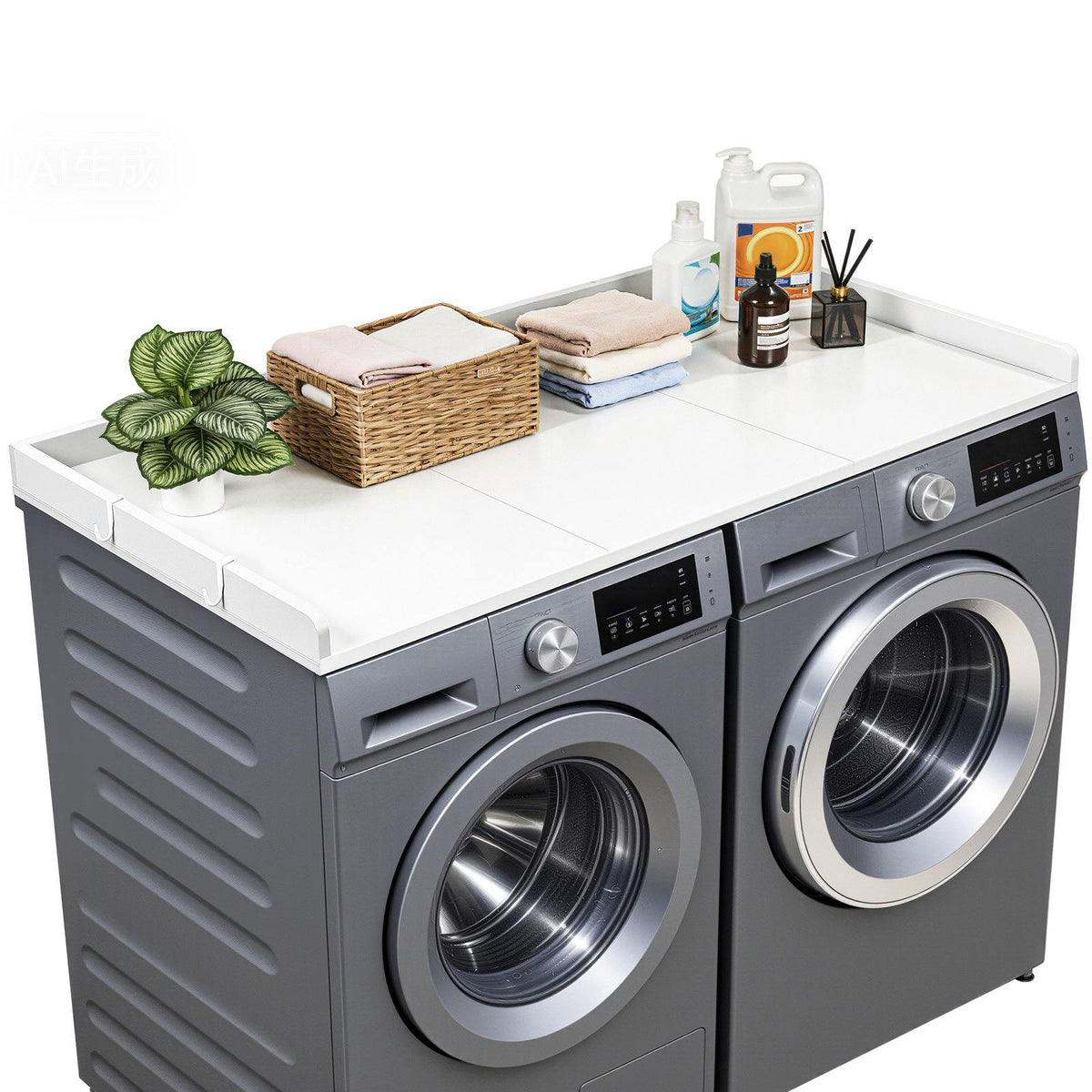 Washer Dryer Countertop, 54 x 27.5 in Wooden Washer and Dryer Topper with Edge & 2 Hooks, Water-Resistant Laundry Machine Topper for Laundry Closet Pantry Counter Organization and Storage, White