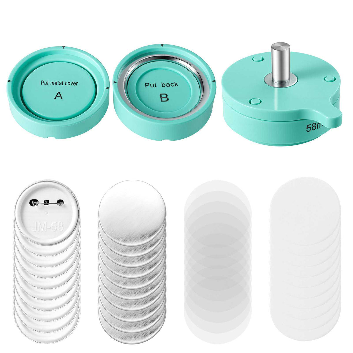 Button Maker Supplies 200 Sets 2.28 in / 58 mm Pin Back Button Parts, with Metal Backs, Metal Shells, Clear Mylar Films, and Blank Circle Papers, for Home DIY, School Events, and Custom Studio