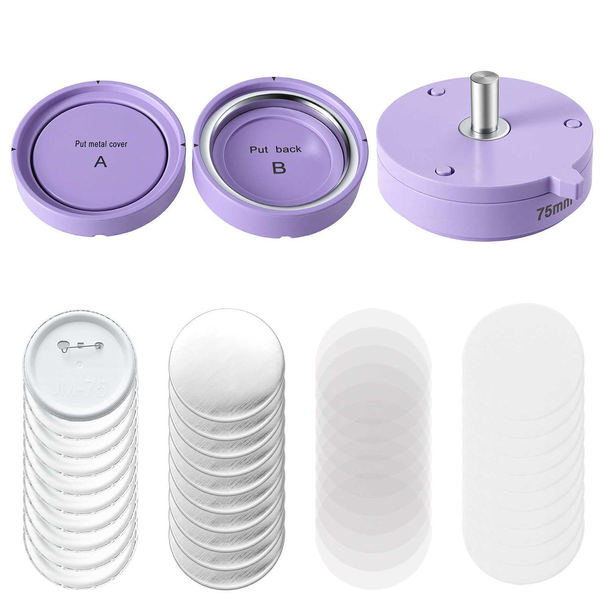 Button Maker Supplies 100 Sets 2.95 in / 75 mm Pin Back Button Parts, with Metal Backs, Metal Shells, Clear Mylar Films, and Blank Circle Papers, for Home DIY, School Events, and Custom Studio