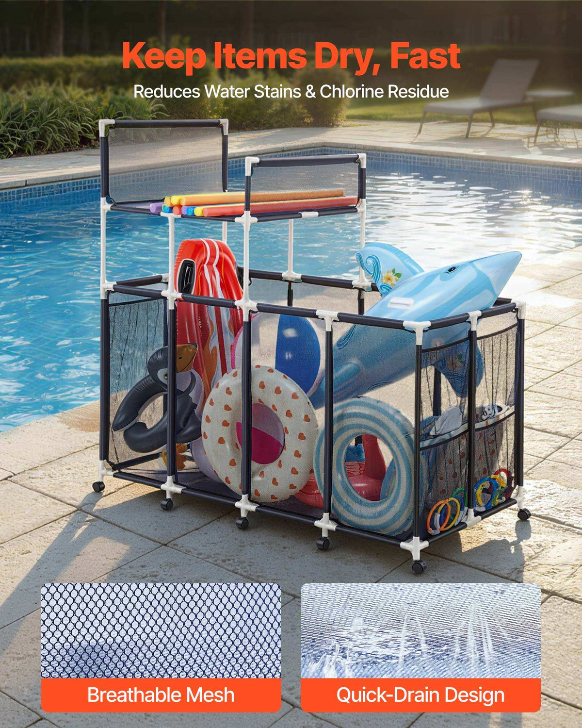 Pool Storage Bin, 64.96 x 33.46 x 64.96 in, Rolling Pool Float Storage Organizer with Side Pockets & Noodles Holder Rack, Durable Plastic Frame, Poolside Toys Mesh Basket for Swimming Pools