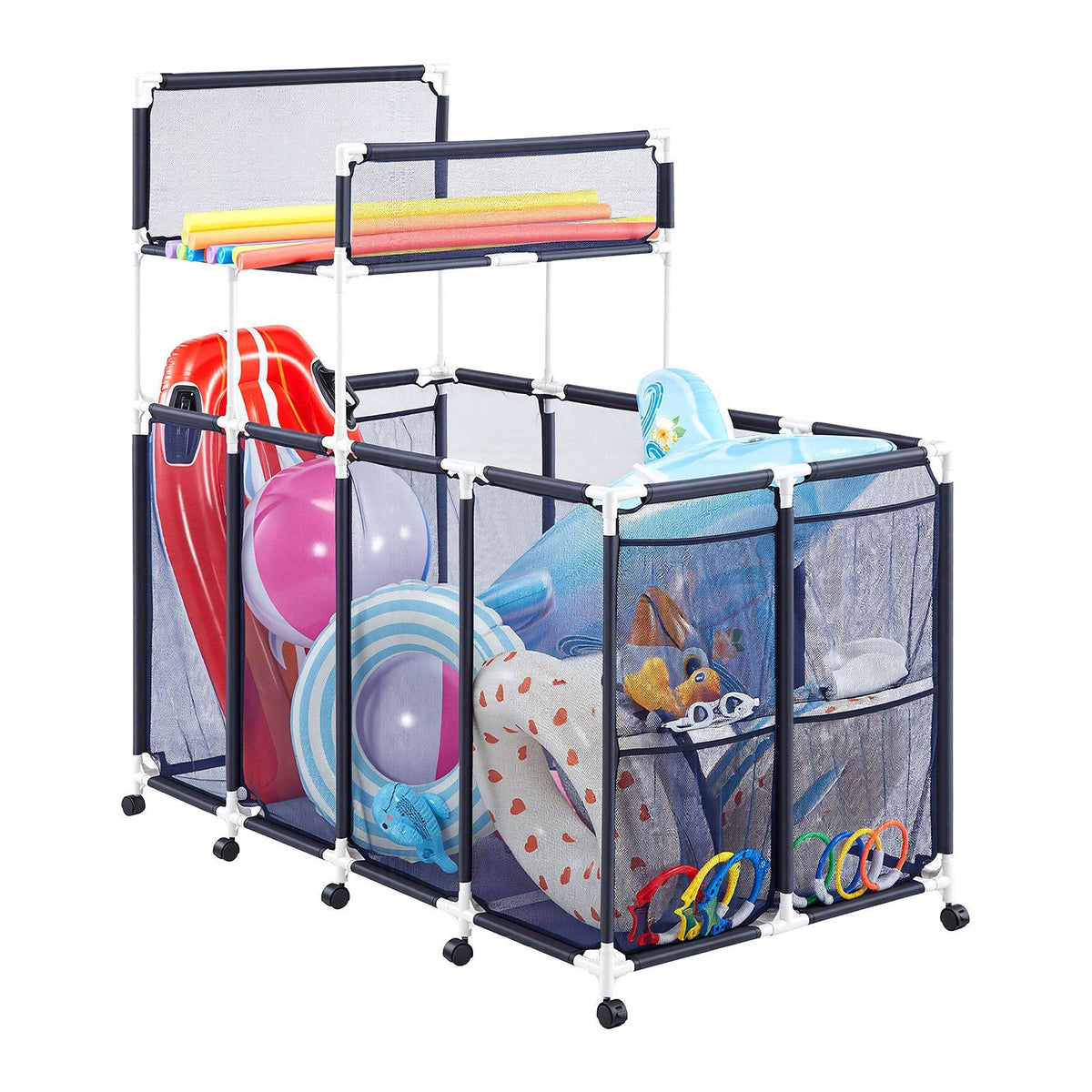Pool Storage Bin, 64.96 x 33.46 x 64.96 in, Rolling Pool Float Storage Organizer with Side Pockets & Noodles Holder Rack, Durable Plastic Frame, Poolside Toys Mesh Basket for Swimming Pools