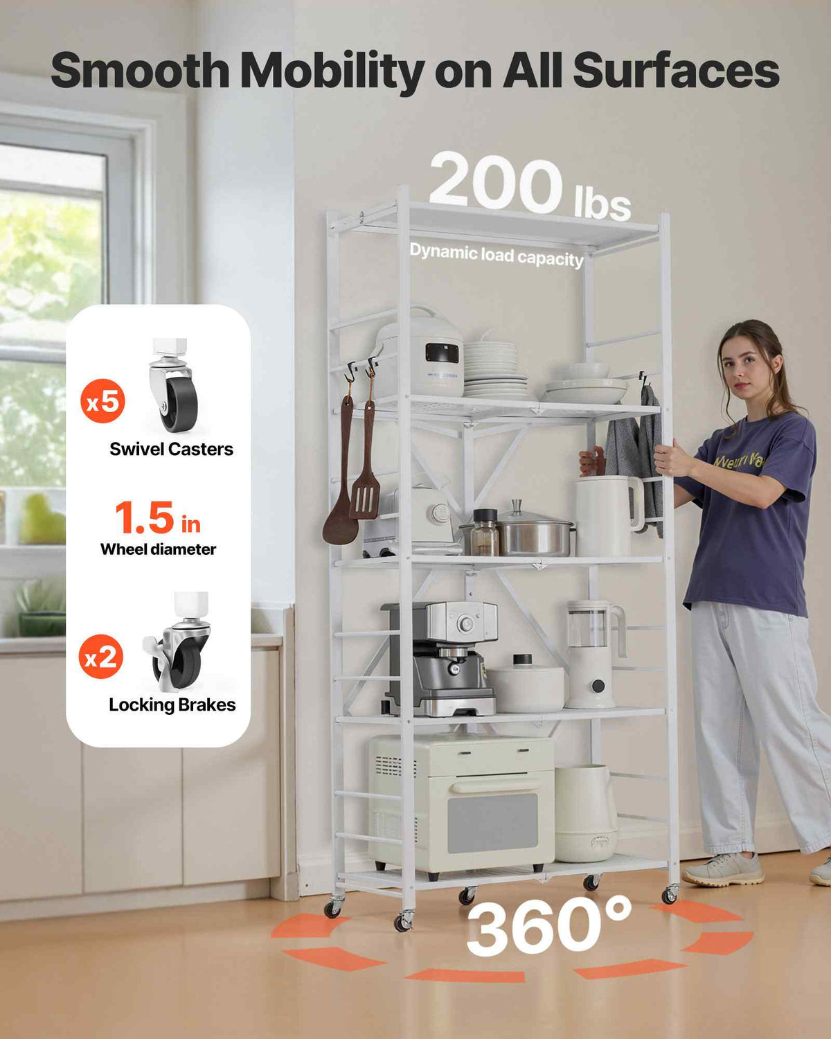 5-Tier Foldable Storage Shelf, 32W x 14D x 72H Inch Folding Metal Rack Shelving Unit, No Assembly Organizer Shelf with 5 Wheels & 4 Hooks for Pantry, Kitchen, Garage, Basement, White