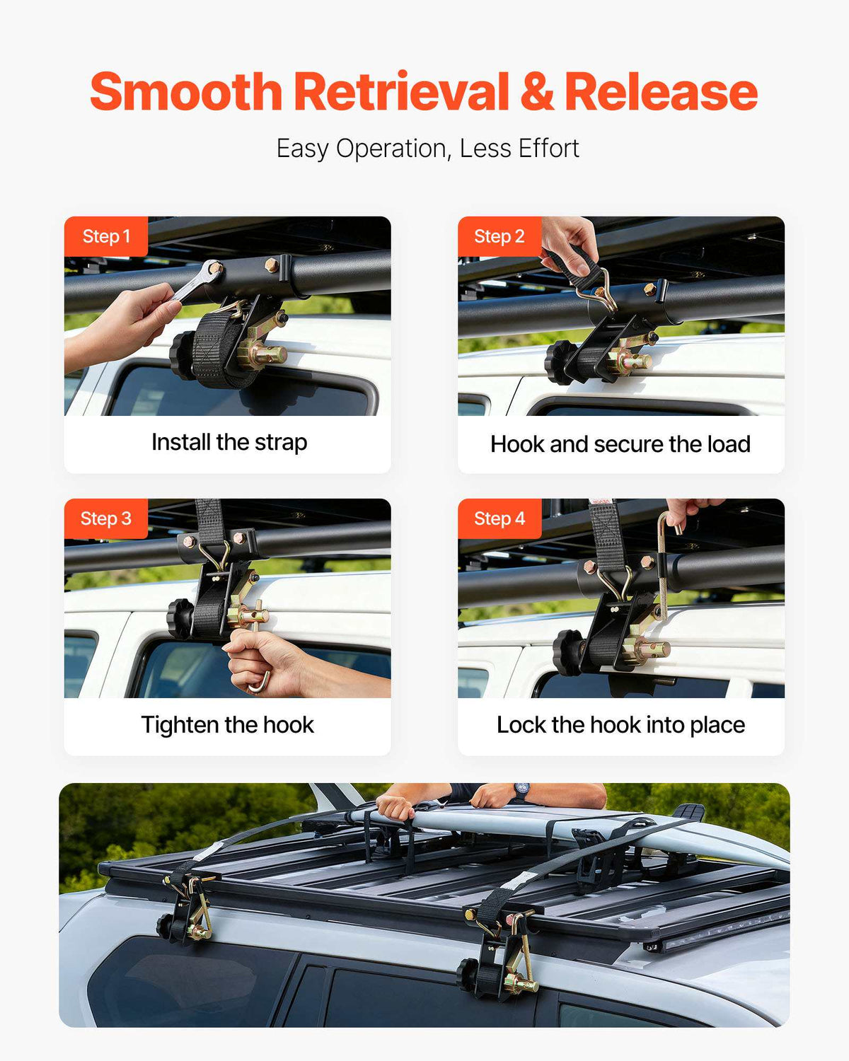 Ladder Rack Ratchet Straps, 1.87-2 in Black Round Tube Mount, 1.5 in Wide x 7.4 ft Long Black Ladder Rack Straps with Double J-Hooks, 500 lbs Load Heavy Duty, Cargo Buckle Lock Strap (4 Pack)