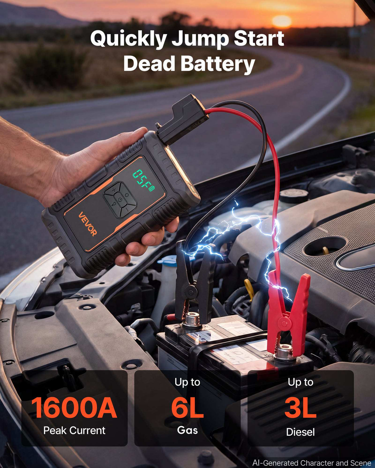 Jump Starter with Air Compressor 1600A Peak Car Battery Jump Box, Portable for 6.0L Gas / 3.0L Diesel, 150 PSI Auto-Shutoff Tire Inflator, Power Bank, 12V Battery Charger, with LED Flashlight