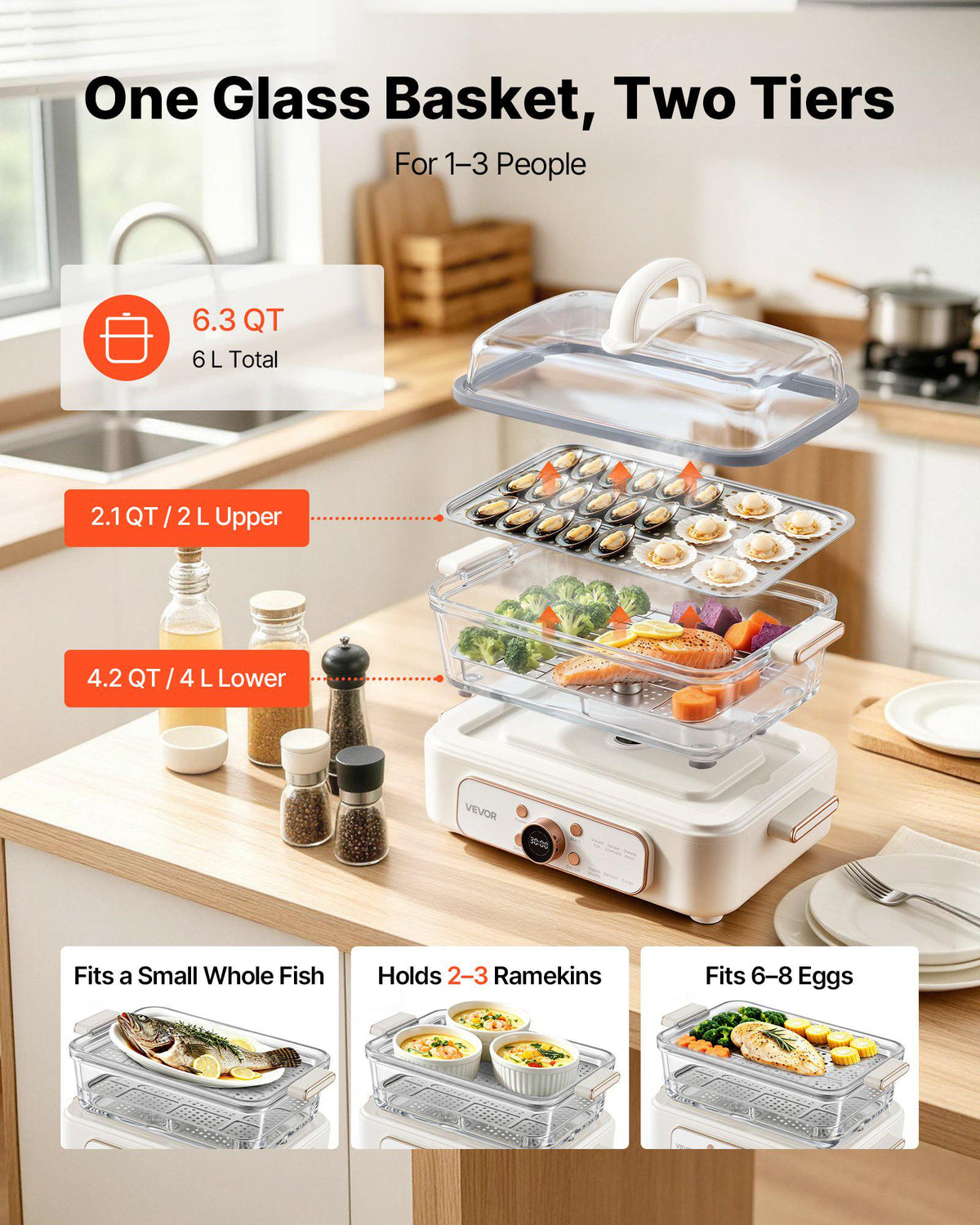 Electric Food Steamer 6.3 QT Glass with 2-Tier Stainless Steel Trays, 1200W Vegetable Steamer for Cooking, 1-3 Servings, Pre-Programmed Settings, Delay Start, for Veggies, Seafood & Rice, White
